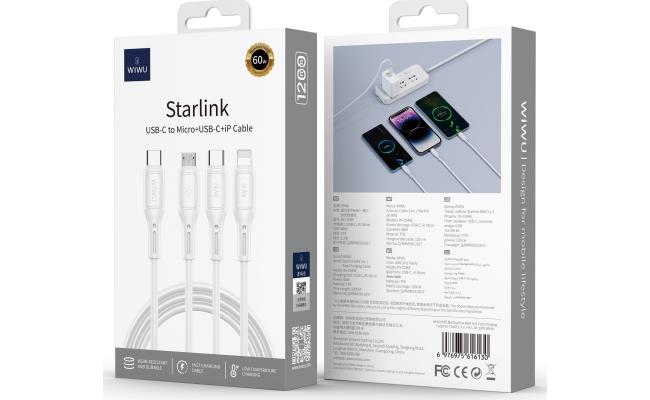 WIWU Wi-C046E Starlink Series 60W 3in1 Type-C to Type-C + Micro USB + Lightning, Fast Charging Cable 1.2M - White